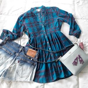 🦩 5/$25 🦩Tunic Button Down Teal/Fuchsia in Plaid